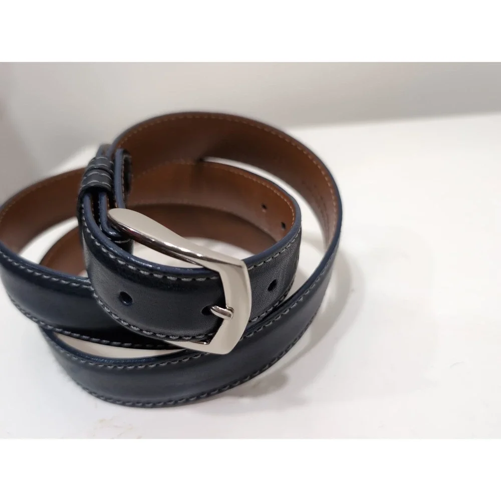 J. Hilburn Italian Calfskin  Leather Belt – Size 44 Navy Blue Silver Buckle